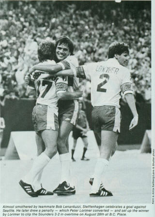 NASL Soccer Vancouver Whitecaps 83 Home Back Lowther, Steffenhagen, Sounders 8-28-83